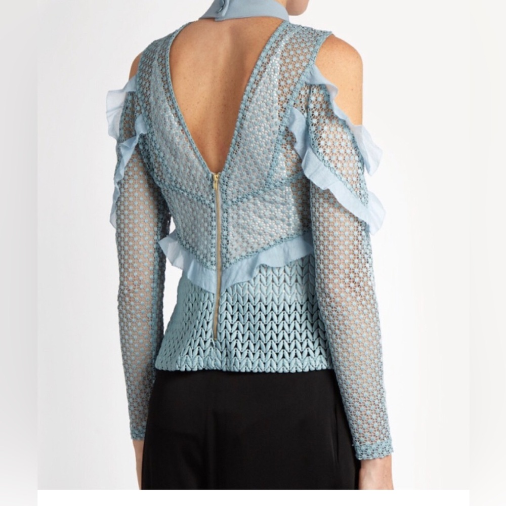 Self-Portrait Purl Knit Lace Detail Cut Out Top in Light Blue US Size 8